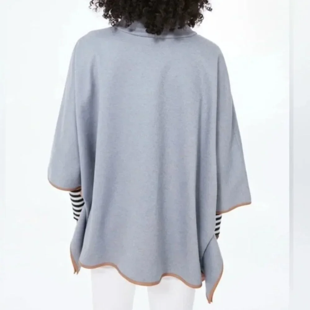 TUCKERNUCK Womens Slate Blue Leather Trim Funnel Neck Piper Poncho Gray One Size - Picture 4 of 6